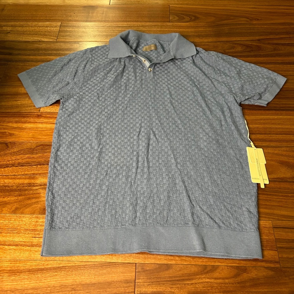 Hudson & Barrow Mens XL Knit Polo Shirt Blue Basketweave Cotton Viscose NWT